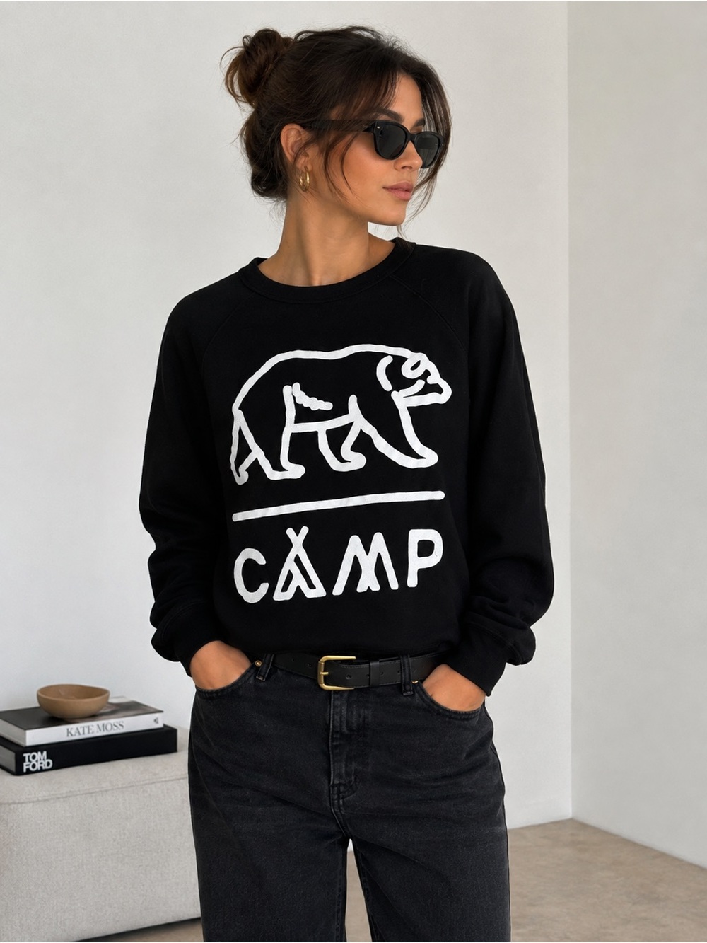 CAMP Brand Goods Classic Bear Logo Sweatshirt Black white XS (Fits a S)